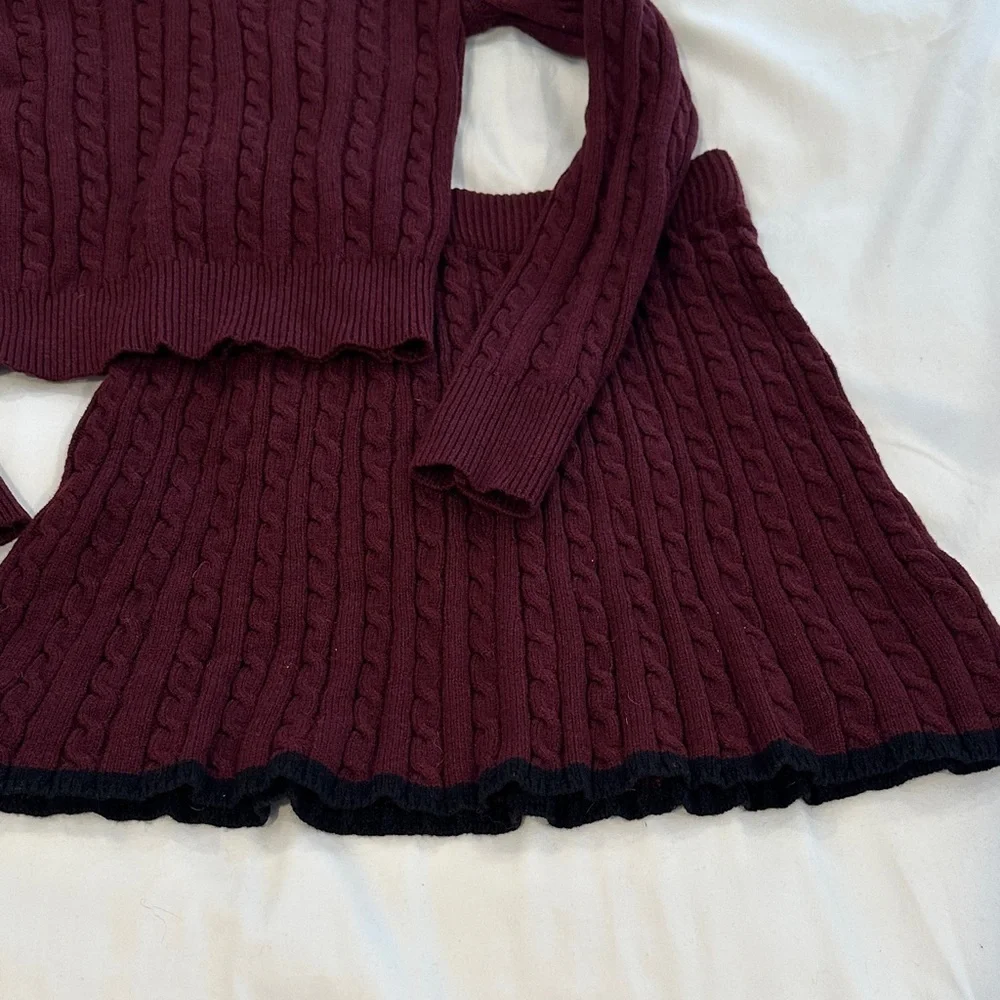 Elegant Burgundy Cable Knit Skirt Set
